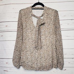 DR2 by Daniel Rainn Brown and Cream Button Front Tie Neck Top